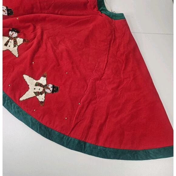 Vtg HANDMADE Christmas Felt Tree Skirt Sequins Beaded Snowman Star Retro 52" - Picture 4 of 7